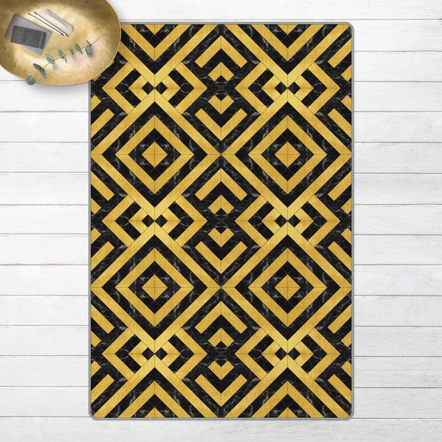 Teppich Marmor Geometrischer Fliesenmix Art Deco Gold Schwarzer Marmor