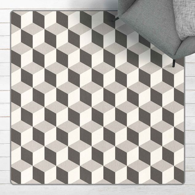 Vinyl Teppich Fliesenoptik Geometrischer Fliesenmix Würfel Grau