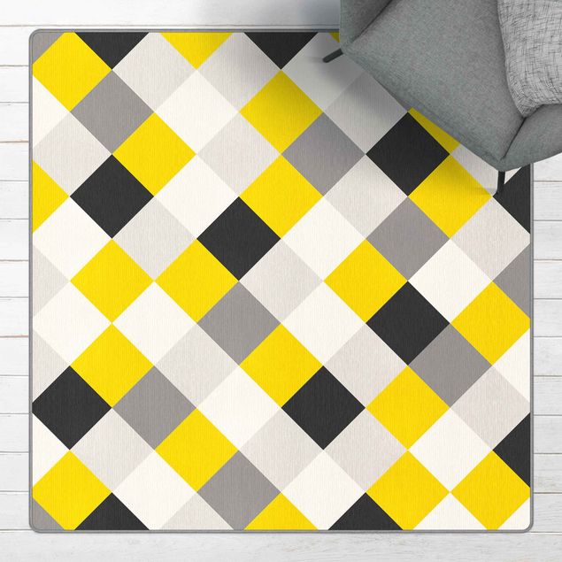Teppich grau Geometrisches Muster gedrehtes Schachbrett Gelb