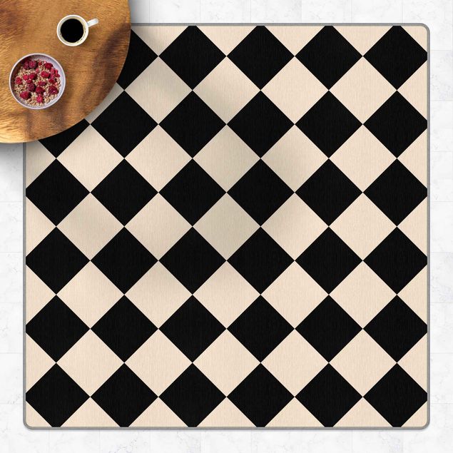 Teppich beige Geometrisches Muster gedrehtes Schachbrett Schwarz Beige