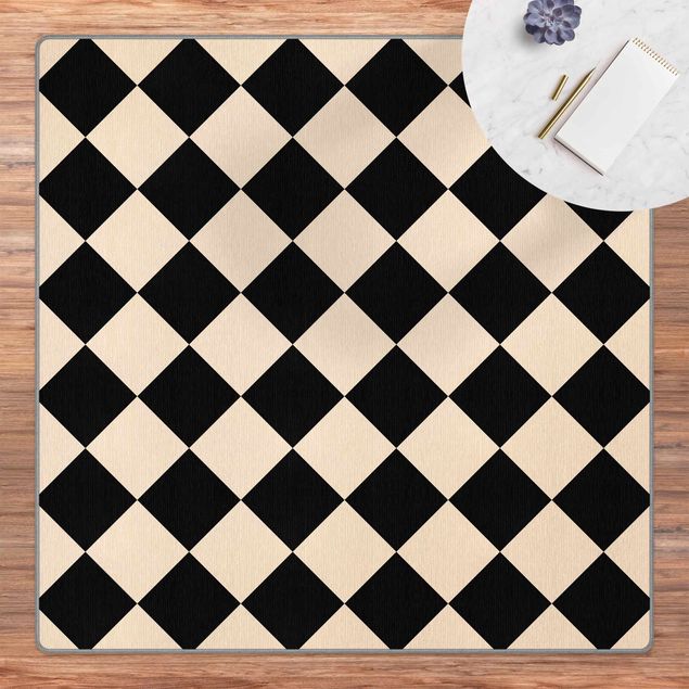 grosser Teppich Geometrisches Muster gedrehtes Schachbrett Schwarz Beige