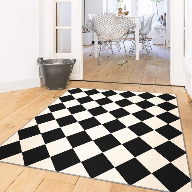Moderner Teppich Geometrisches Muster gedrehtes Schachbrett Schwarz Beige