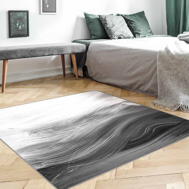 grosser Teppich Geschwungene Wellen Schwarz Weiß