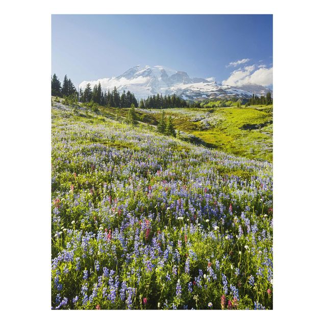 Glasbild - Bergwiese mit Blumen vor Mt. Rainier - Hoch 3:4