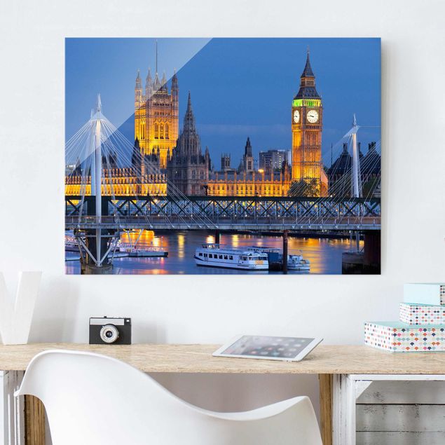 Glas Wandbilder XXL Big Ben und Westminster Palace in London bei Nacht
