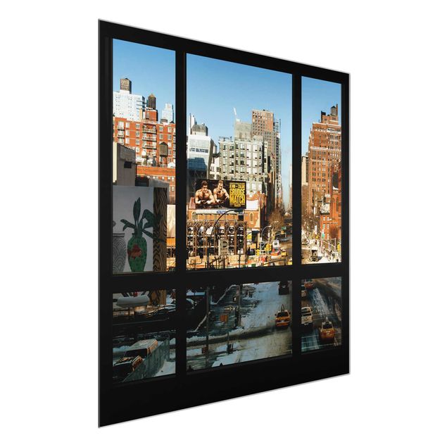 Glasbild - Blick aus Fenster auf Straße in New York - Quadrat 1:1