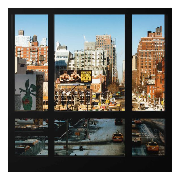 Glasbild - Blick aus Fenster auf Straße in New York - Quadrat 1:1