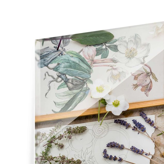 Glasbild - Blumen und Gartenkräuter Vintage - Panorama Quer