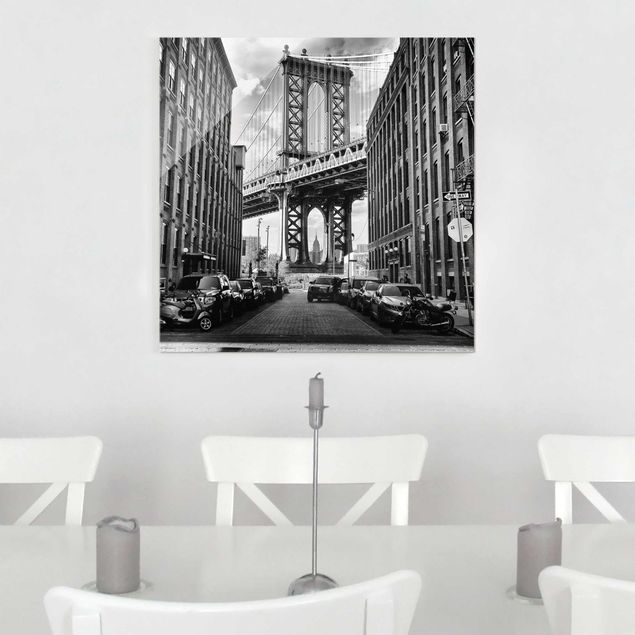 Glasbilder Schwarz-Weiß Manhattan Bridge in America
