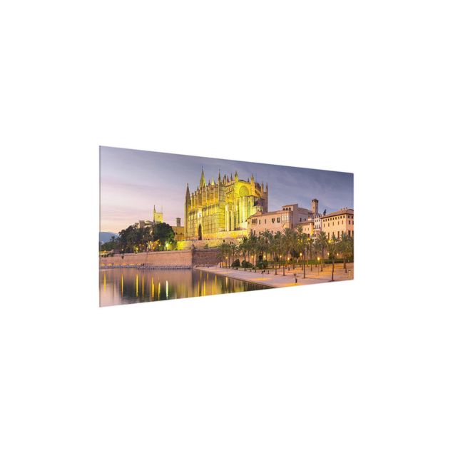 Glasbild - Catedral de Mallorca Wasserspiegelung - Panorama Quer