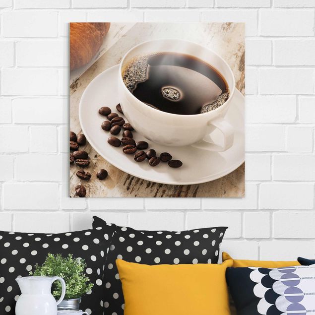 Wandbilder Dampfende Kaffeetasse mit Kaffeebohnen