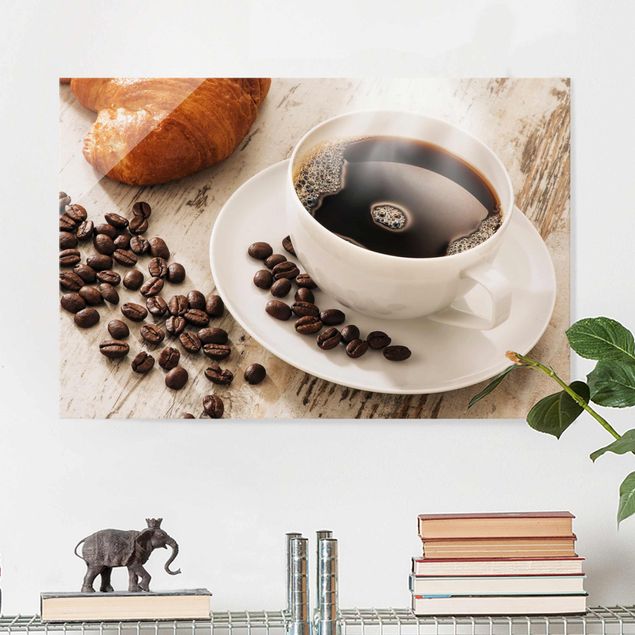 Glasbilder XXL Dampfende Kaffeetasse mit Kaffeebohnen