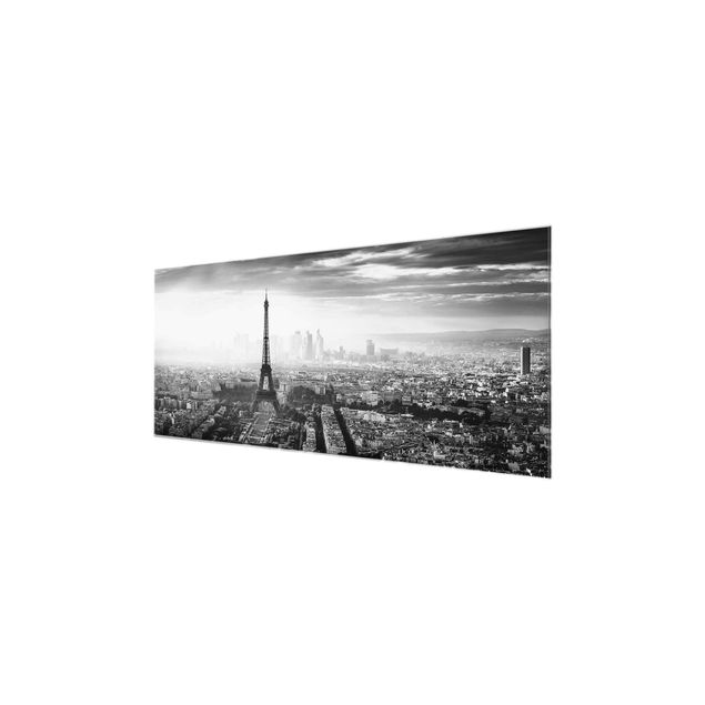Glasbild - Der Eiffelturm von Oben Schwarz-weiß - Panorama