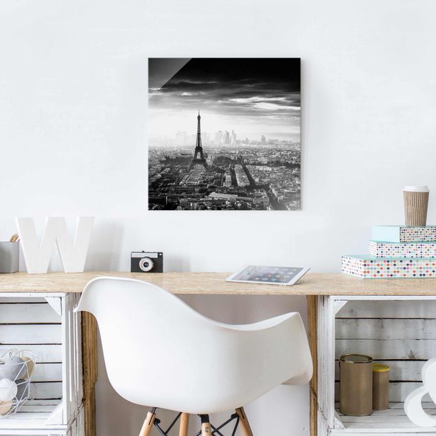Glasbild schwarz-weiß Der Eiffelturm von Oben Schwarz-weiß