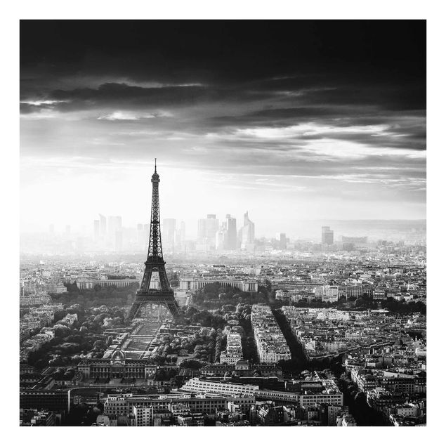 Glasbilder Der Eiffelturm von Oben Schwarz-weiß