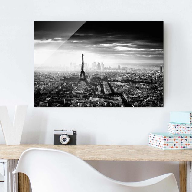 XXL Glasbilder Der Eiffelturm von Oben Schwarz-weiß