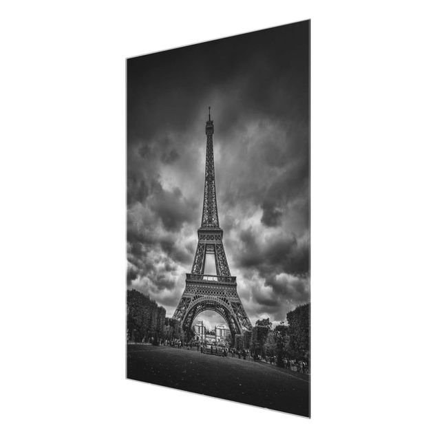 Glasbild - Eiffelturm vor Wolken schwarz-weiß - Hochformat 4:3