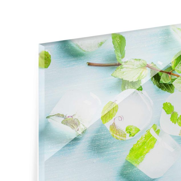 Glasbild - Eiswürfel mit Minzblättern - Panorama Quer