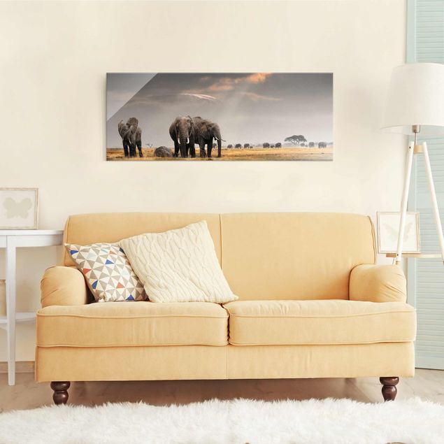 Wandbilder Glas Natur Elefanten der Savanne