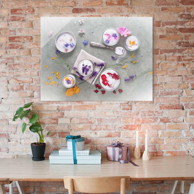 Glasbilder Essbare Blüten mit Lavendelzucker