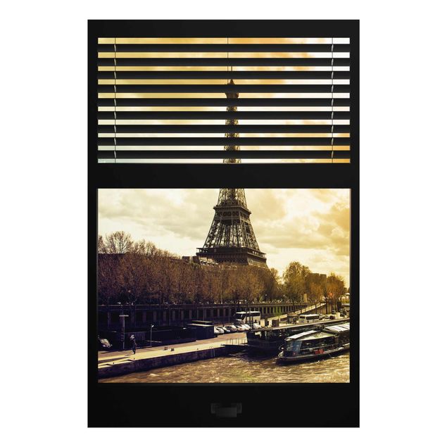 Glasbild Skyline Fensterausblick Jalousie - Paris Eiffelturm Sonnenuntergang