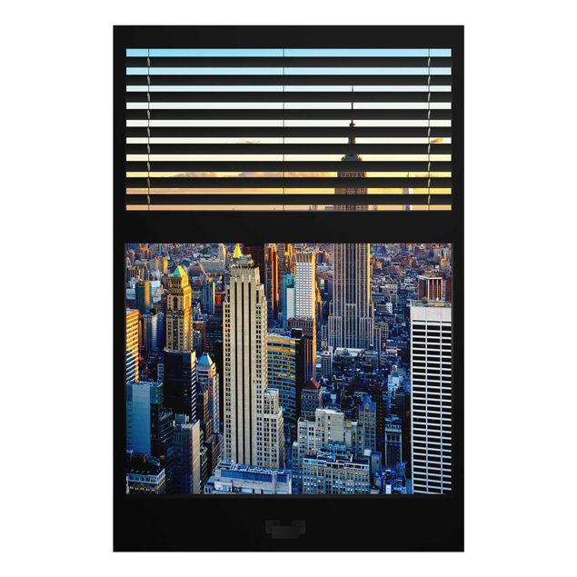 Glasbild - Fensterausblick Jalousie - Sonnenaufgang New York - Hoch 2:3