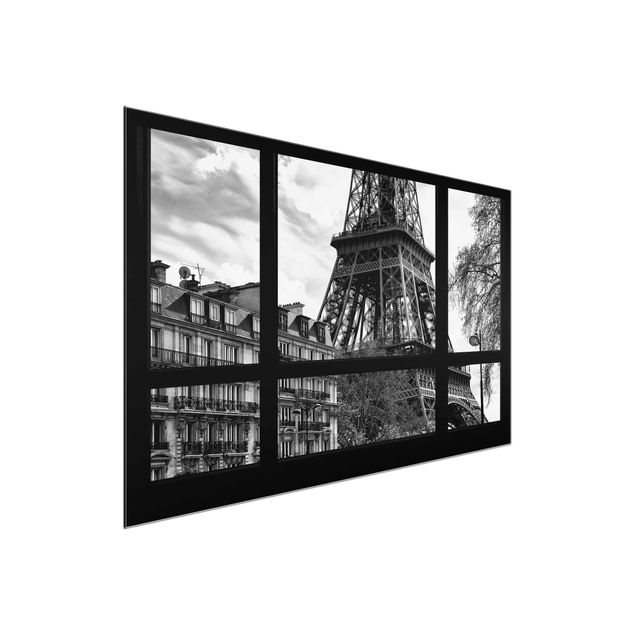 Wandbilder Fensterausblick Paris - Nahe am Eiffelturm schwarz weiss