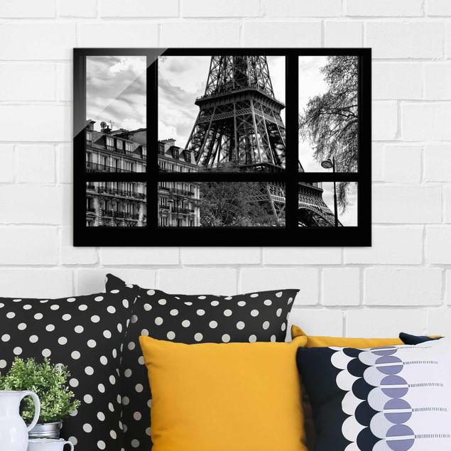 XXL Glasbilder Fensterausblick Paris - Nahe am Eiffelturm schwarz weiss