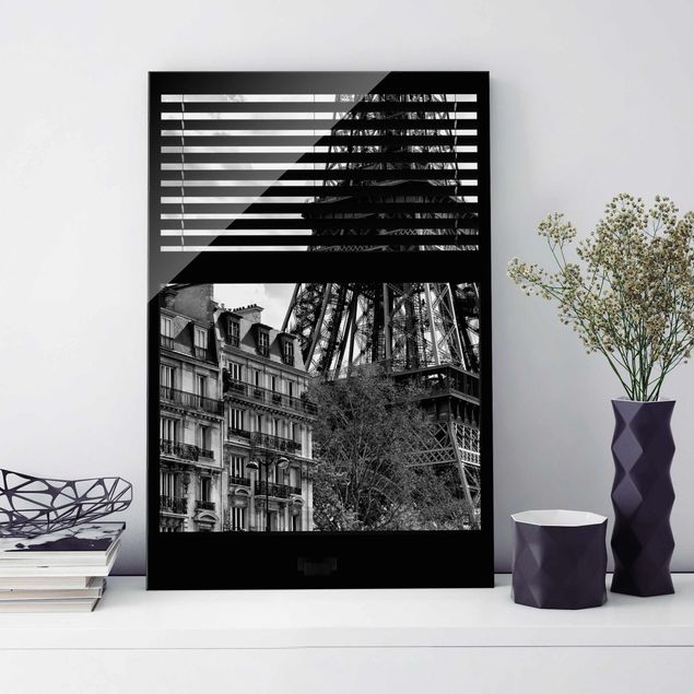 XXL Glasbilder Fensterausblick Paris - Nahe am Eiffelturm schwarz weiss