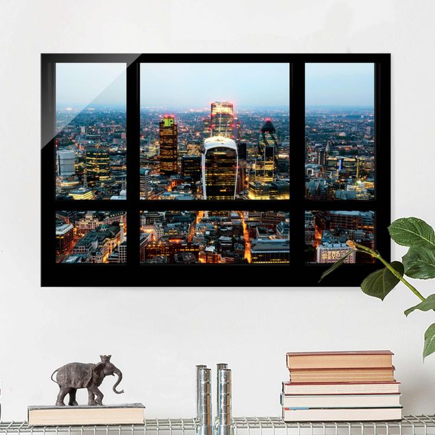 Glas Wandbilder XXL Fensterblick auf beleuchtete Skyline von London