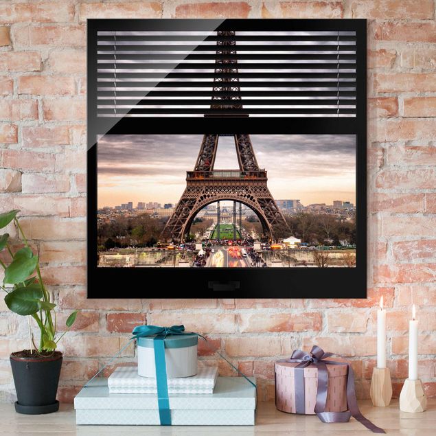 Glas Wandbilder XXL Fensterblick Jalousie - Eiffelturm Paris