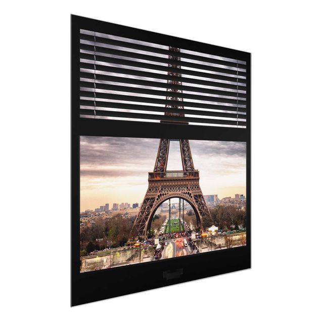 Glas Wandbilder Fensterblick Jalousie - Eiffelturm Paris