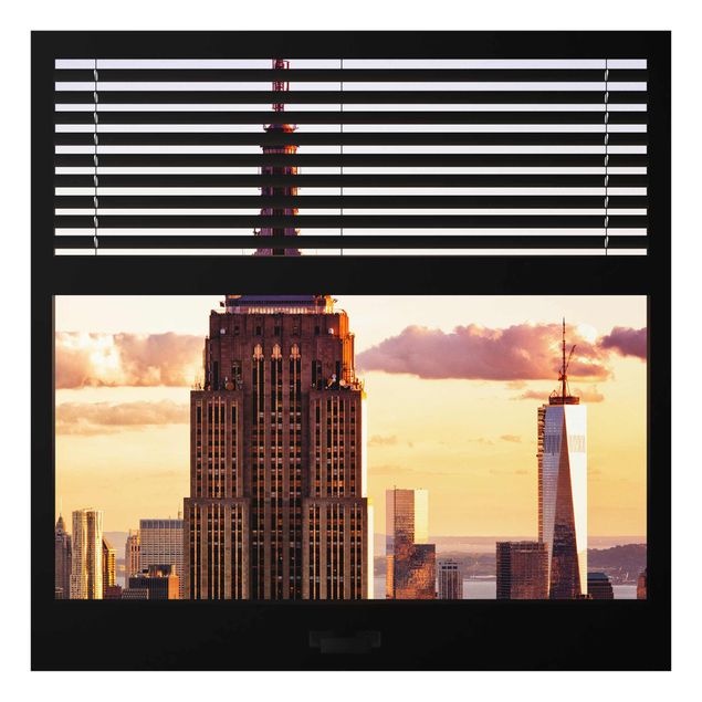 Glasbild - Fensterblick Jalousie - Empire State Building New York - Quadrat 1:1