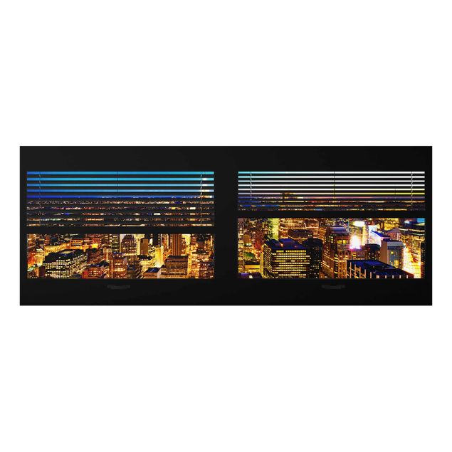 Glasbild - Fensterblick Jalousie - New York bei Nacht - Panorama Quer