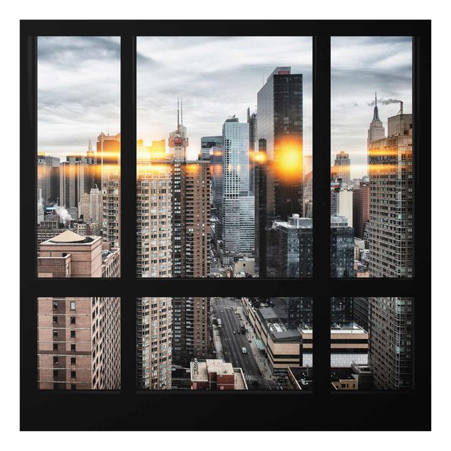 Glasbilder Fensterblick New York mit Sonnen-Reflexion