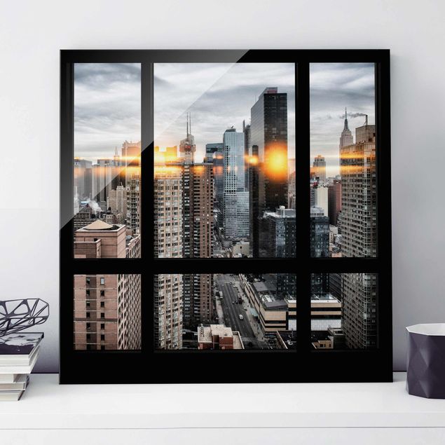 Glasbild New York Fensterblick New York mit Sonnen-Reflexion
