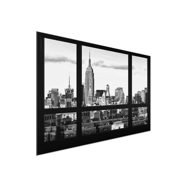 Glasbild - Fensterblick New York Skyline schwarz weiss - Quer 3:2