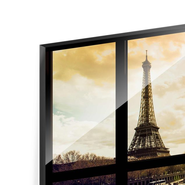 Glasbild - Fensterblick - Paris Eiffelturm Sonnenuntergang - Quer 3:2