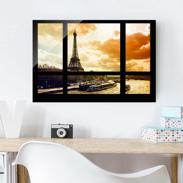 Glasbilder XXL Fensterblick - Paris Eiffelturm Sonnenuntergang