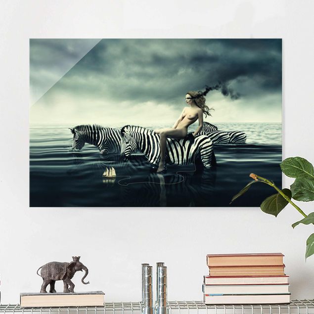 Glas Wandbilder XXL Frauenakt mit Zebras