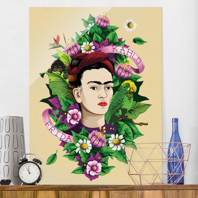 XXL Glasbilder Frida Kahlo - Frida, Äffchen und Papagei
