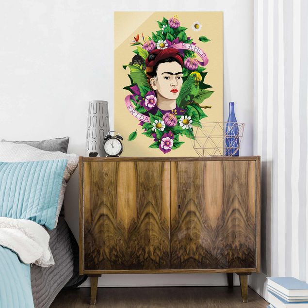 Blumen Glasbilder Frida Kahlo - Frida, Äffchen und Papagei