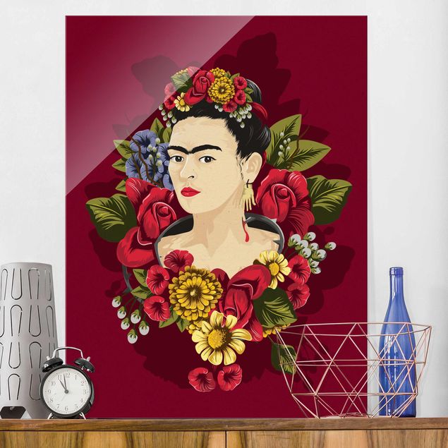 Glas Wandbilder XXL Frida Kahlo - Rosen