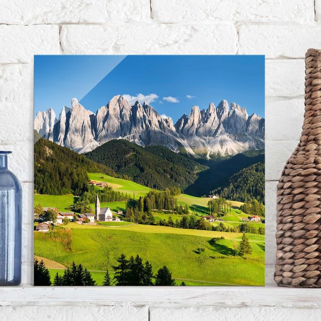 Glas Wandbilder XXL Geislerspitzen in Südtirol