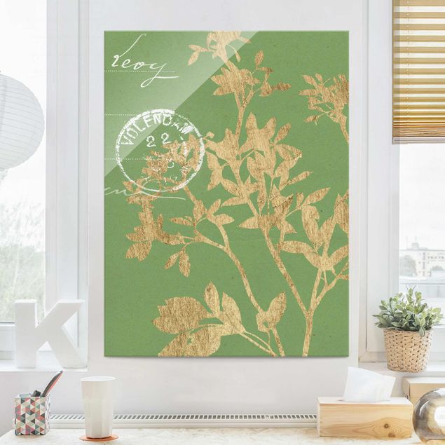 Glasbilder Blumen Goldene Blätter auf Lind II