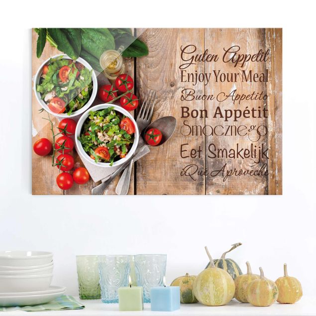 Glasbild Guten Appetit Quer 2:3 Glasbild Wandbild Echtglas farbecht Motiv Deko 