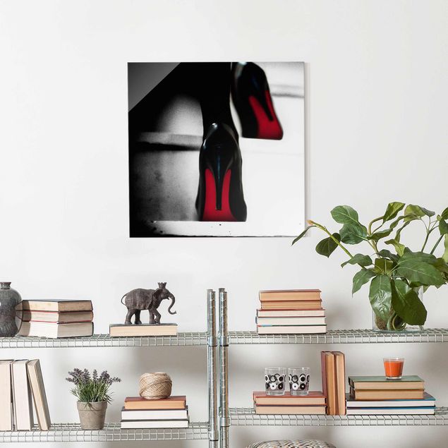 Glasbilder Schwarz-Weiß High Heels in Rot