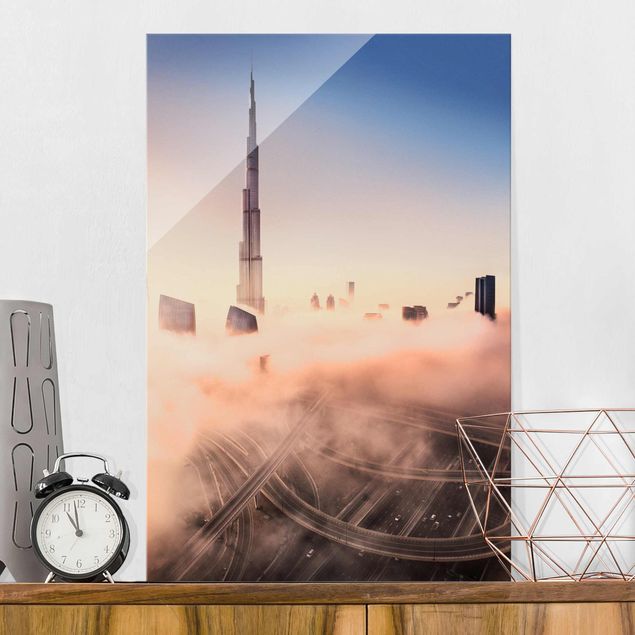 Glas Wandbilder XXL Himmlische Skyline von Dubai