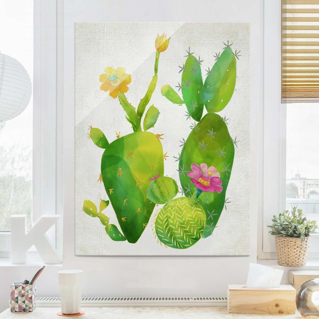 XXL Glasbilder Kaktusfamilie rosa gelb
