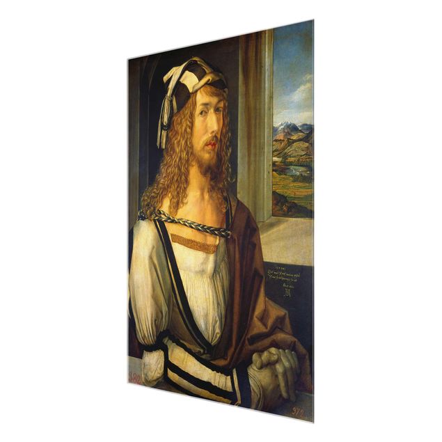 Glasbild - Kunstdruck Albrecht Dürer - Selbstbildnis mit Landschaft - Hoch 3:4